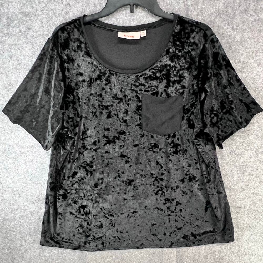 Evri Tee Top Womens 1X Black Crushed Velvet Short Sleeve Shirt Casual Whimsygoth - Picture 2 of 14